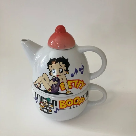 VINTAGE | 1998 BETTY BOOP CARTOON TEA-4-ONE 18 OZ POT & MUG SET Pink Top - Picture 4 of 10